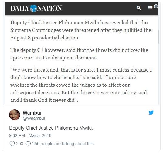 Daily nation deputy chief justice philomena mwilu has revealed that the supreme