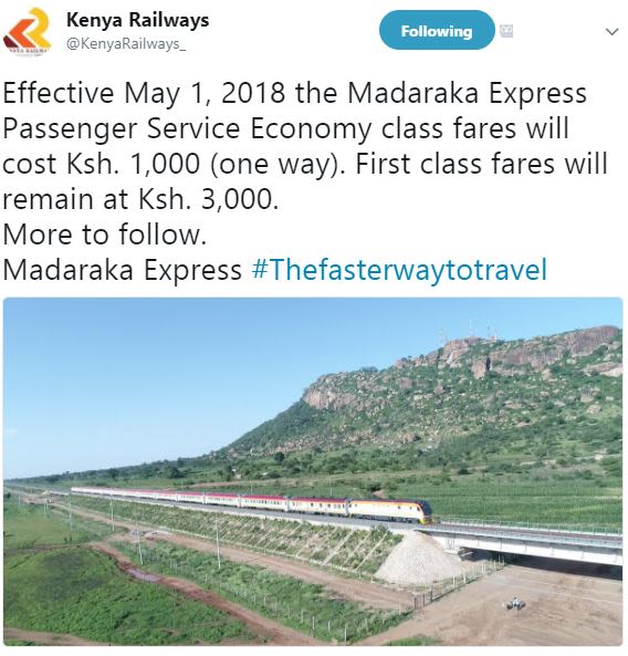 Kenya railways kenyarailways _ following effective may 1, the madaraka express p