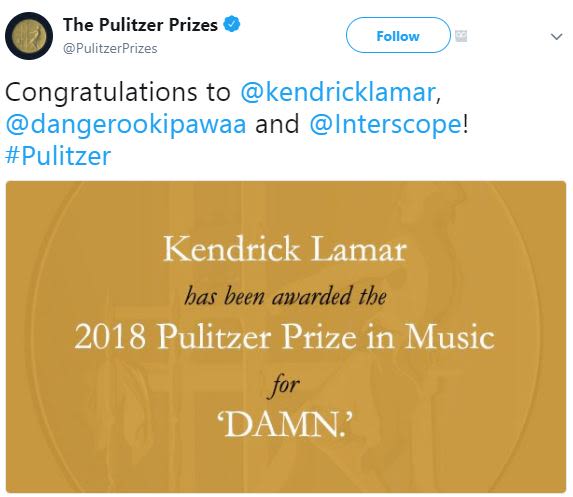The pulitzer prizes pulitzerprizes follow congratulations to kendricklamar, dang