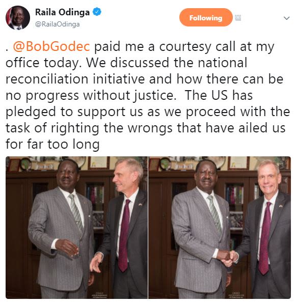 Raila odinga railaodinga following bobgodec paid me a courtesy call at my office