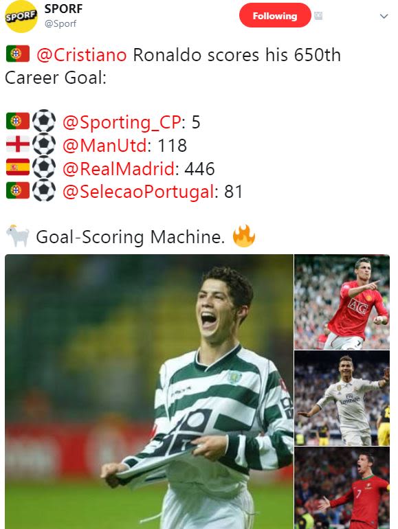 Sporf sporp sport following cristiano ronaldo scores his 65oth career goal sport