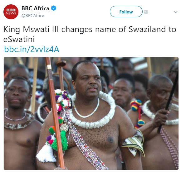Bua bbc africa news bbcafrica follow king mswati ili changes name of swaziland t