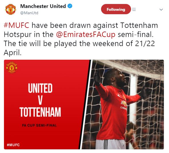 Manchester united manutd following mufc have been drawn against tottenham hotspu