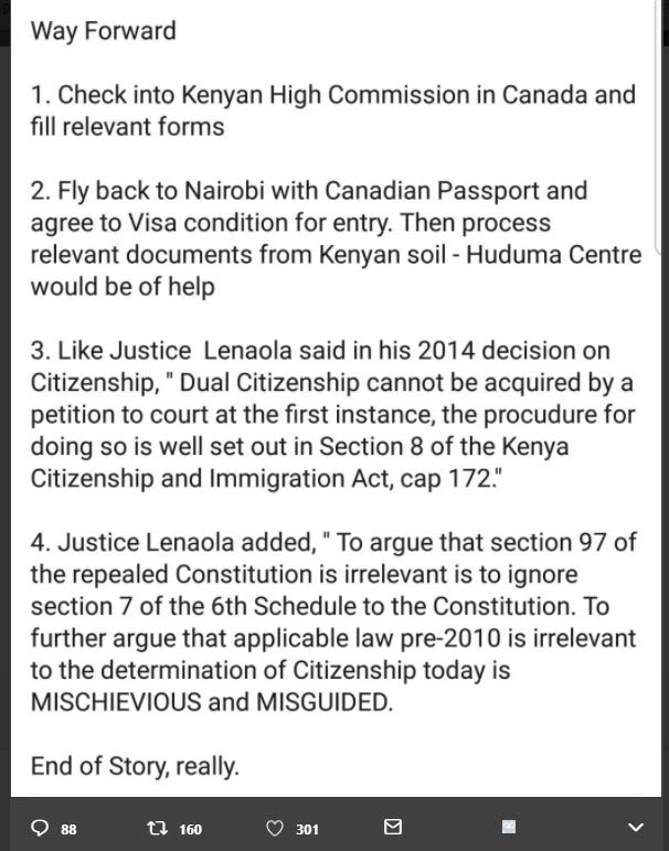 Way forward 1. check into kenyan high commission in canada and fill relevant for
