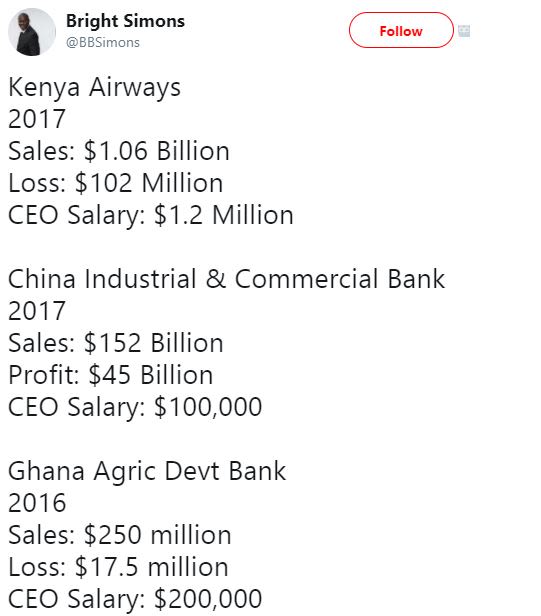 Bright simons bbsimons follow kenya airways sales 1.06 billion loss 102 million
