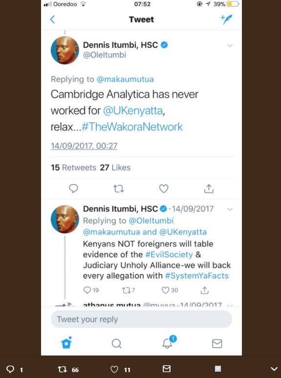 Oaredoo 0752 39 tweet dennis itumbi, hsc oleltumbi replying to makaumutua cambri
