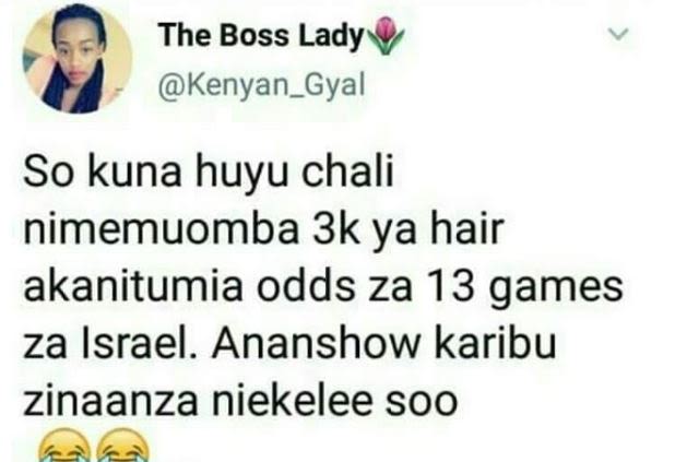 The boss lady kenyan_gyal so kuna huyu chali nimemuomba 3k ya hair akanitumia od