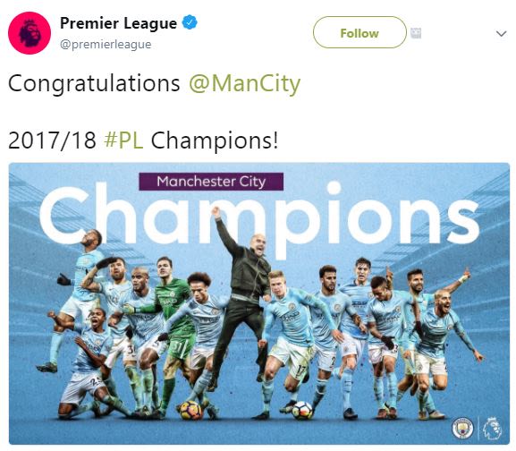 Premier league premierleague follow congratulations mancity 18 pl champions! man