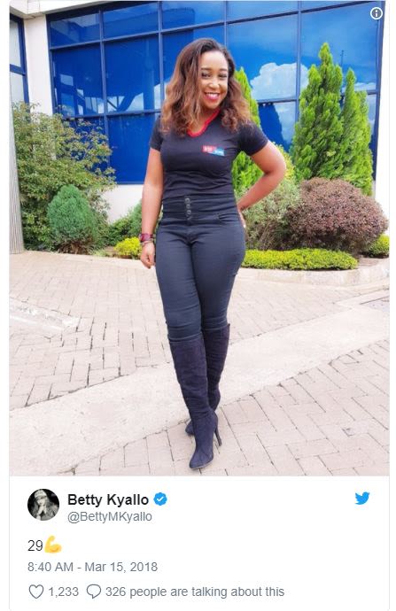 Betty kyallo bettymkyallo 29 8.40 am mar 15, 1,233 326 people are talking about