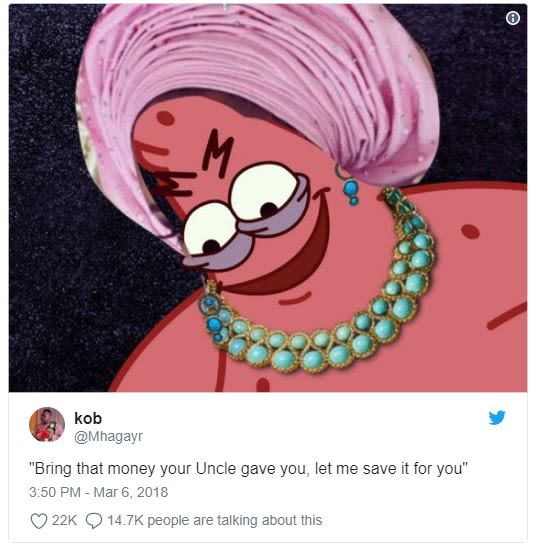 Kob mhagayr bring that money your uncle gave you let me save it for you 3.50 pm