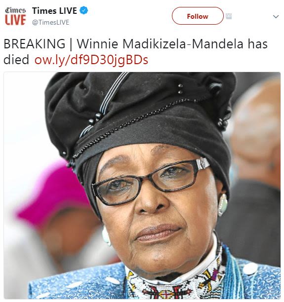Cilcs times live uve timeslive follow breaking winnie madikizelamandela has died
