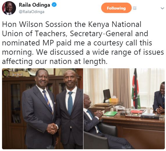 Raila odinga railaodinga following hon wilson sossion the kenya national union o