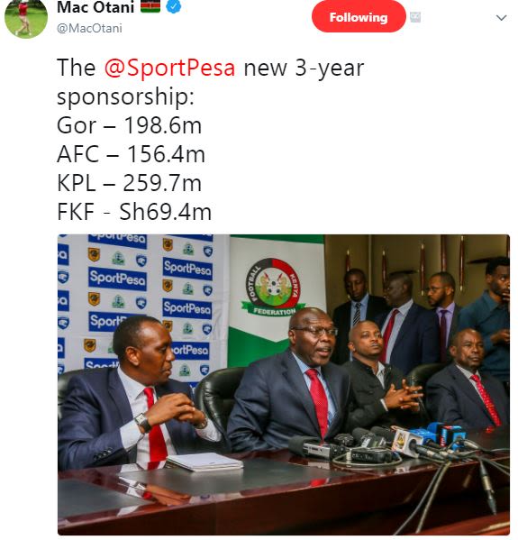 Mac otani macotani following the sportpesa new 3year sponsorship gor 198.6m afc