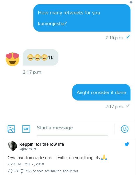 How many retweets for you kunionjesha? 2.16 pm. 1k 217 p.m aiight consider it do