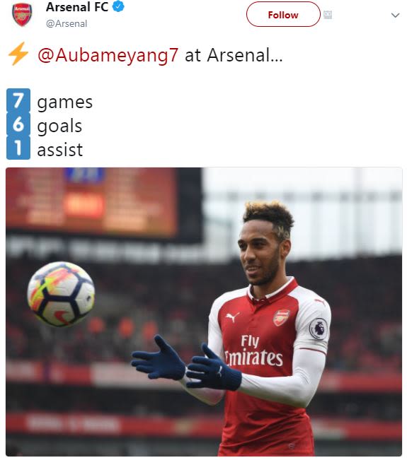 Arsenal fc arsenal follow aubameyang7 at arsenal. 7 games 6 goals assist fly 'mi