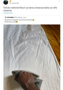 awesomali Tafuta material Mzuri ya kanzu kwanza kabla ya wife material Translate