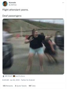 Komrade Idalinya Flight attendant yawns . Deaf passengers MR RIGHT and 9 others