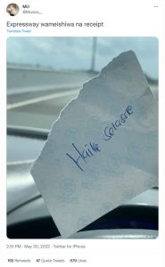 Mo morara expressway wameishiwa na receipt translate tweet 2.51 pm may 30. twitt