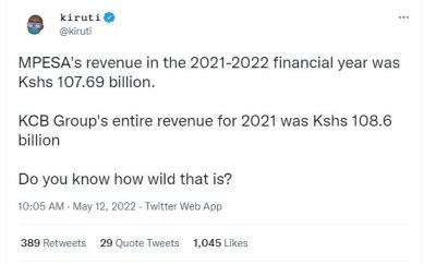 Kiruti kiruti mpesa's revenue in the financial year was kshs 107.69 billion kcb
