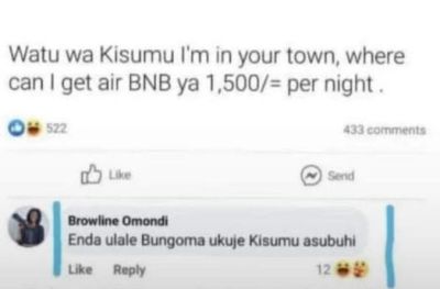 Watu wa kisumu lm in your town where can get air bnb ya 1,500 per night aicommen