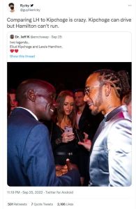 Ricky guylikericky comparing lh to kipchoge is crazy. kipchoge can drive but ham