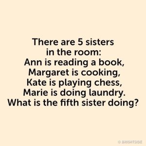 There are 5 sisters in the room ann is reading a book, margaret is cooking, kate