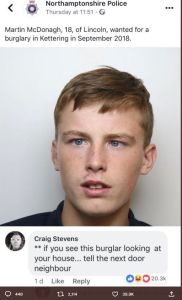 Northamptonshire police thursday at 1151 martin mcdonagh 18, of lincoln, wanted