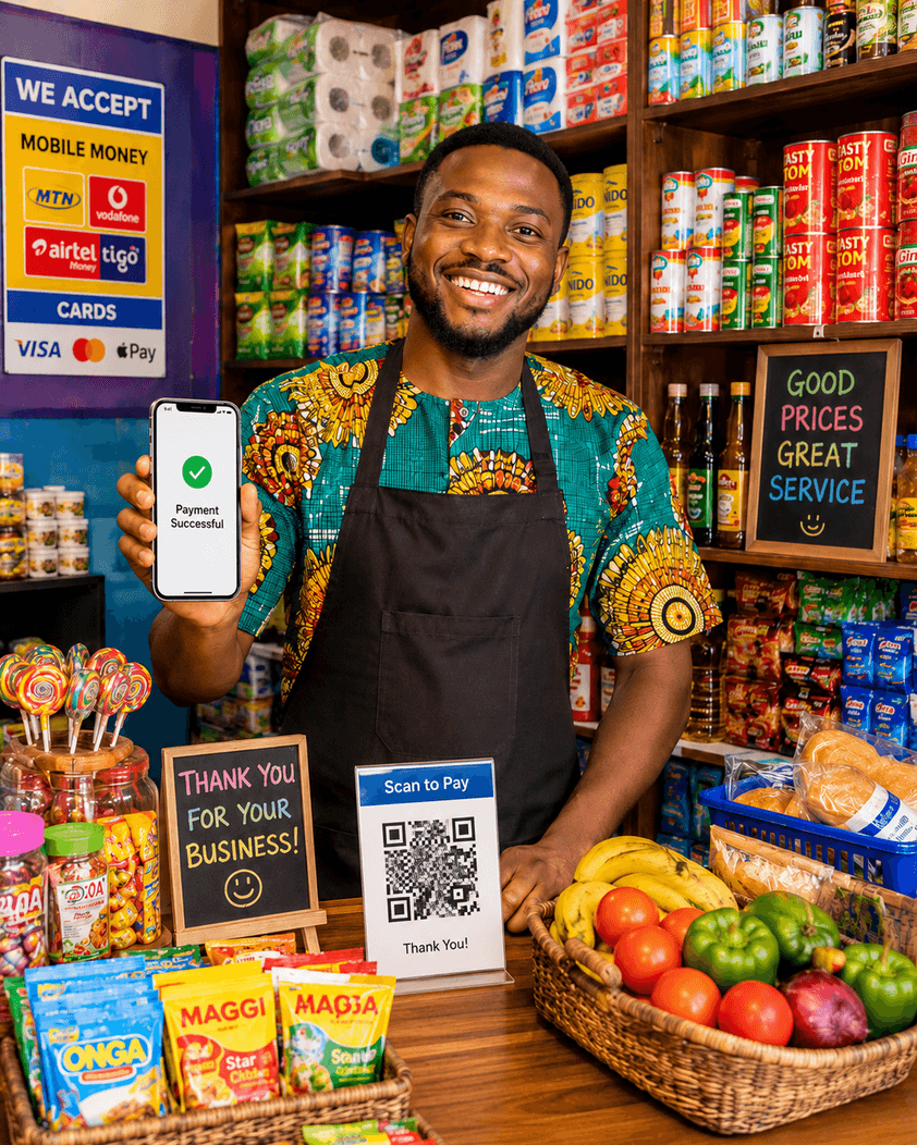 A Ghanaian business owner running their shop and getting paid with StarPay