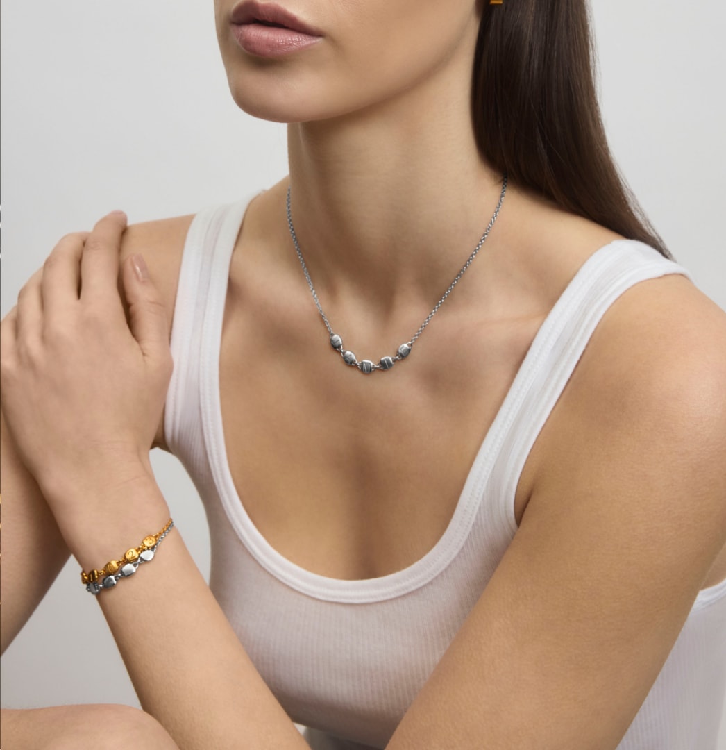 Menē 24k gold and pure platinum Squared Beads bracelets and necklaces.