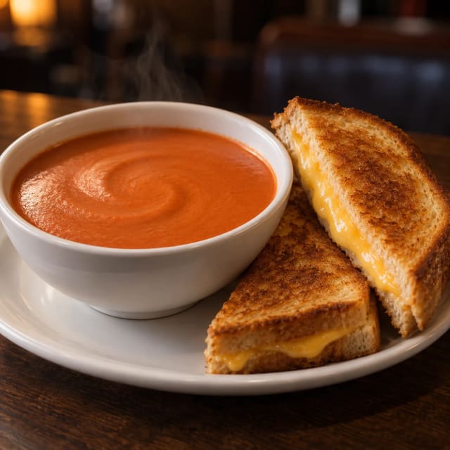 Sopa de jitomate rostizado y pan de queso