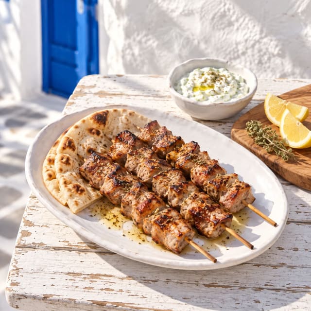 Souvlaki de cerdo jugoso en brocheta