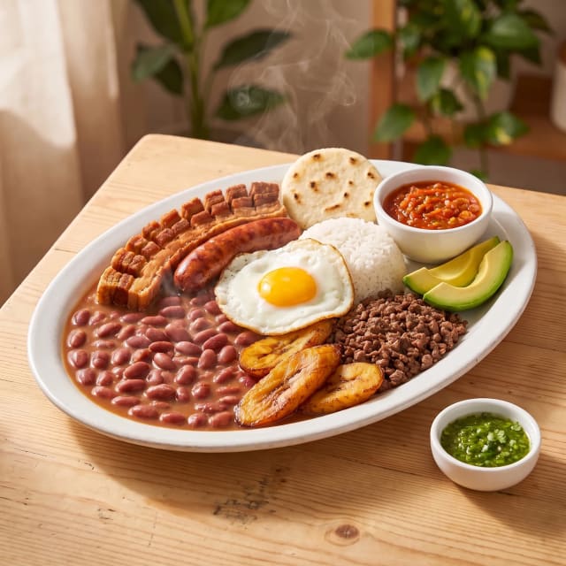 Bandeja paisa completa, con el frijol espeso