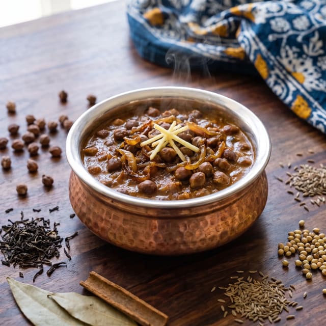 Chana masala con garbanzo oscuro y cebolla bien dorada