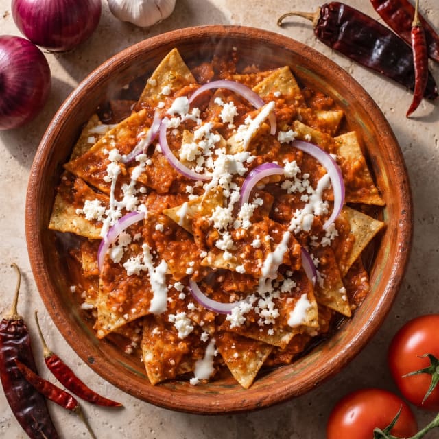 Chilaquiles rojos con salsa bien tersa