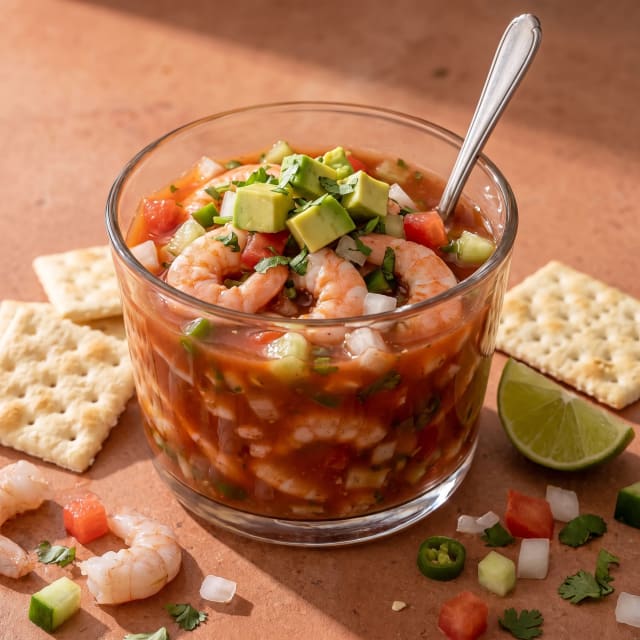 Coctel de camarón con caldo de cáscaras