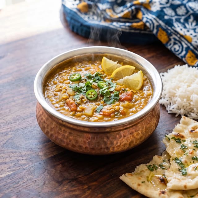 Dal de lentejas con tadka de comino y ajo dorado
