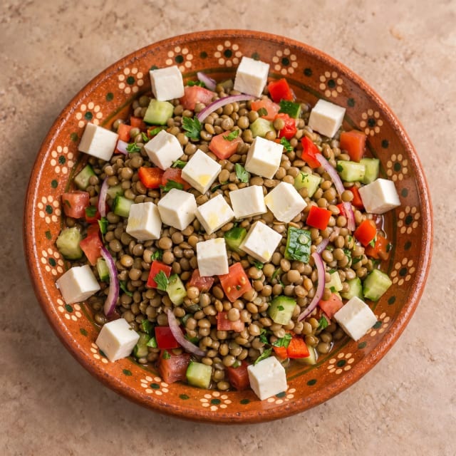 Ensalada de lentejas suaves, no duras