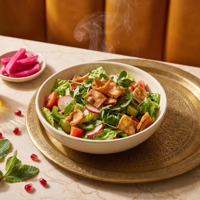 Fattoush con verdolaga y pan pita frito que truena