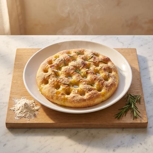 Focaccia con hoyos llenos de aceite de oliva