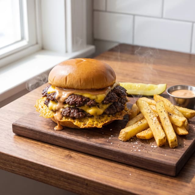 Hamburguesa smash con falda de queso