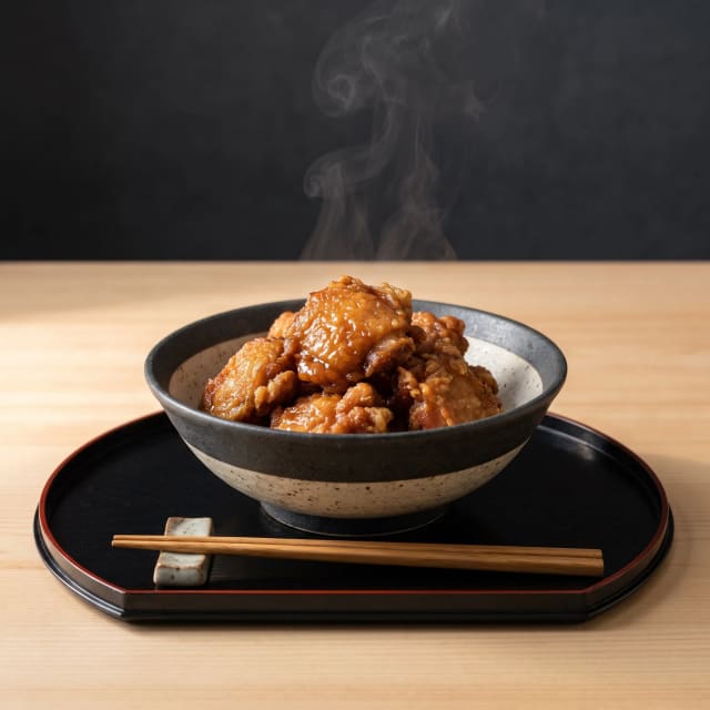 Karaage jugoso con costra delgada que truena