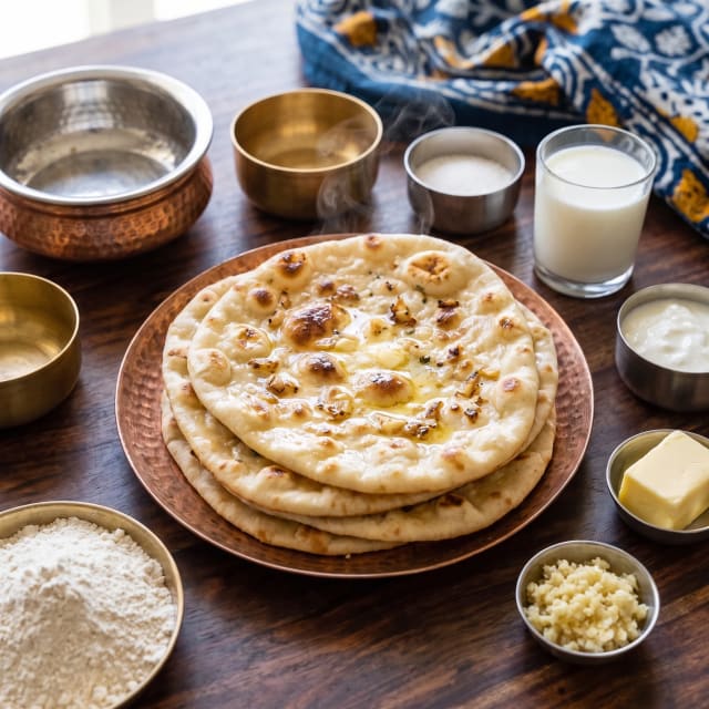 Naan de ajo en sartén con burbujas doradas