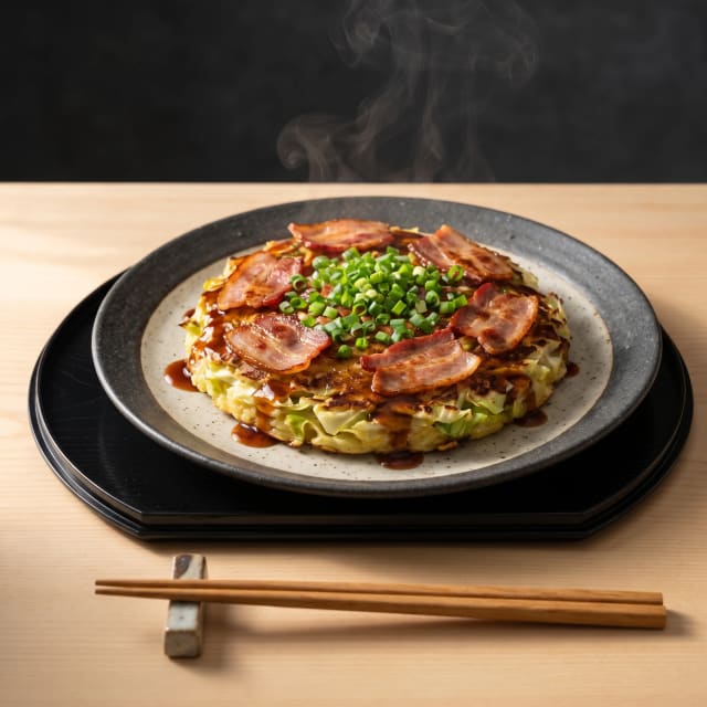 Okonomiyaki de col con tocino, sin aplastarlo