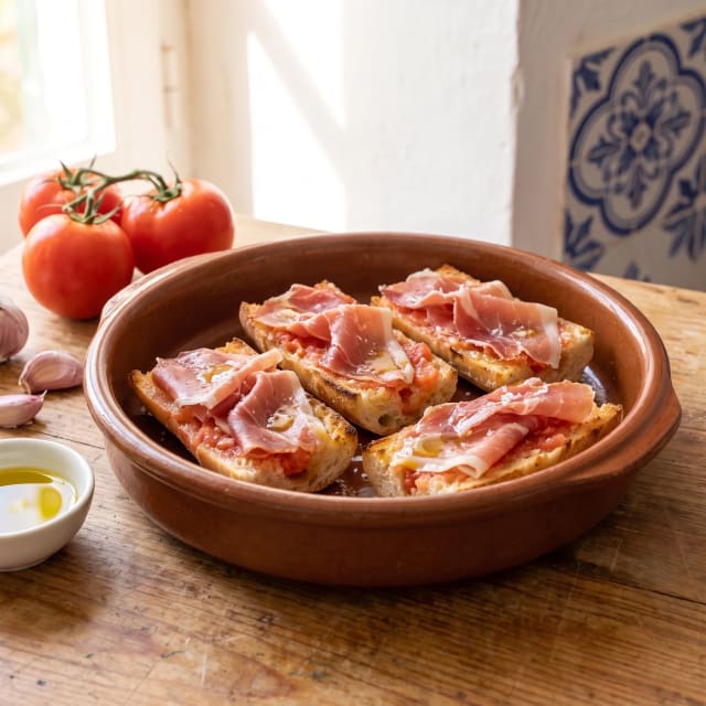 Pan con tomate a la catalana, frotado sobre pan tostado