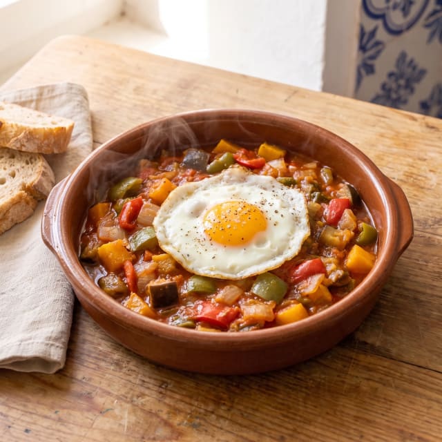 Pisto manchego con huevo frito encima