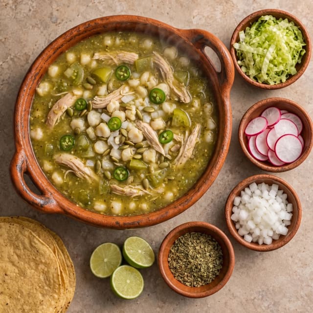 Pozole verde de pollo con caldo espeso