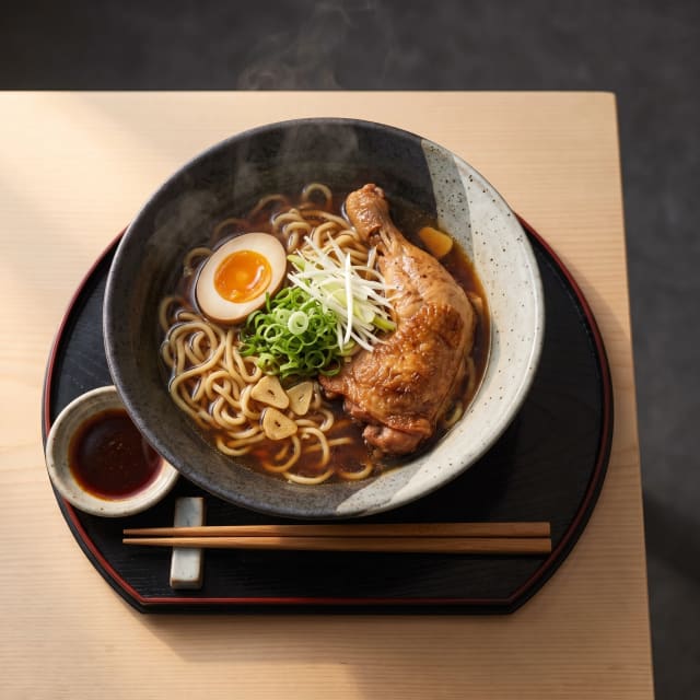 Ramen shoyu con su tare aparte y huevo marinado