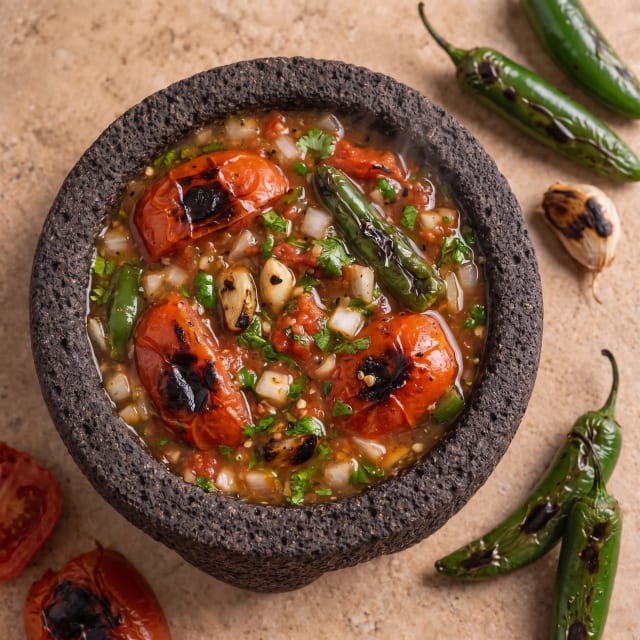 Salsa roja de molcajete con sabor ahumado