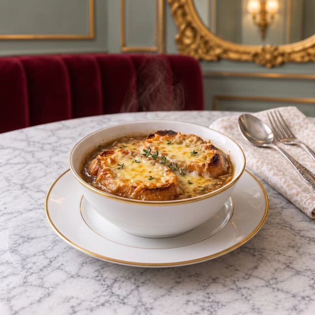 Sopa de cebolla gratinada bien dorada
