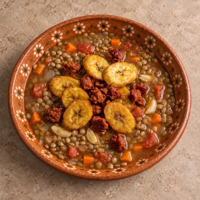 Sopa de lentejas con plátano crujiente